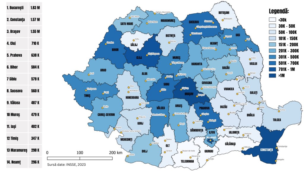 Harta României după cele mai vizitate județe