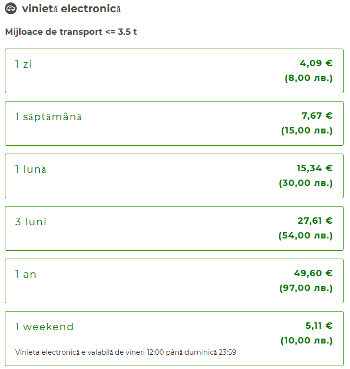 Listă prețuri vinietă Bulgaria