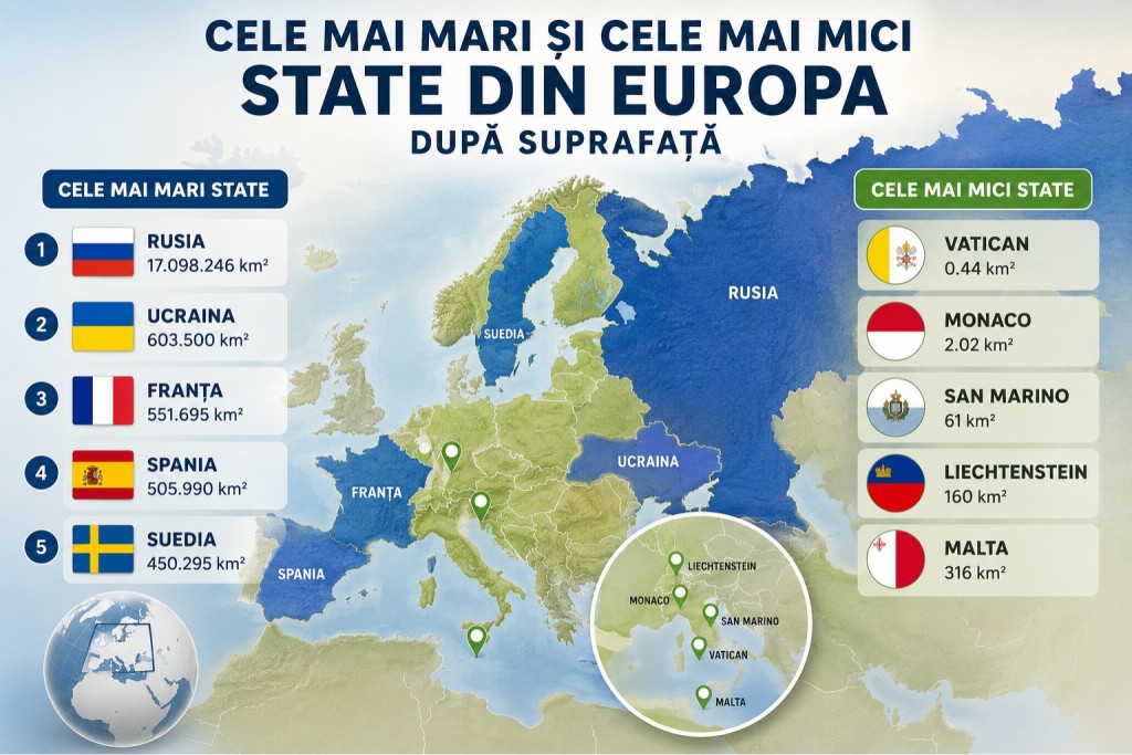 harta cu cele mai mari și cele mai mici țări din Europa